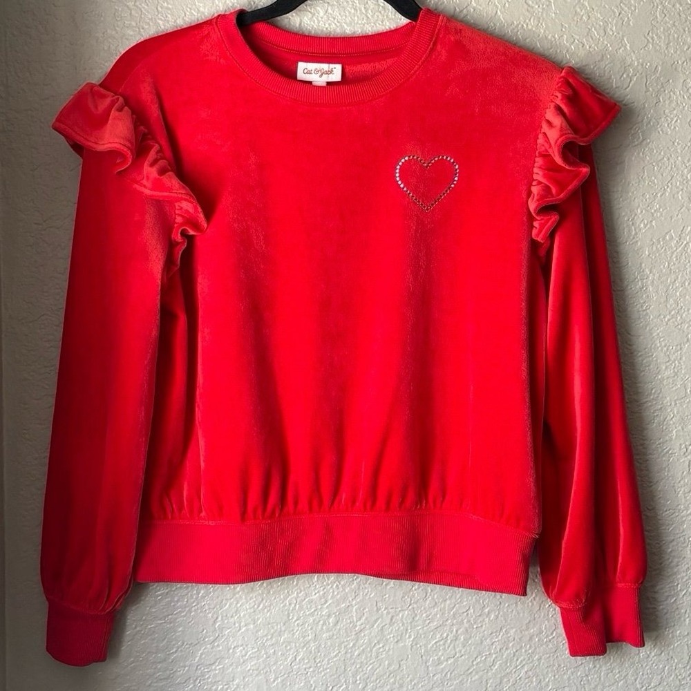 Cat & Jack Girl's Red Heart Velour Pullover Sweatshirt Size XL (14)